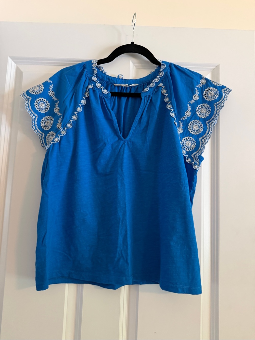 Boden Royal Blue Embroidered Flutter-Sleeve Top